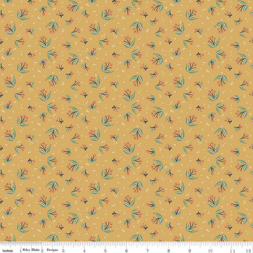 Image of Ivy Reese Berry Branches Golden quilting cotton fabric by Deena Rutter for Riley Blake Designs. Features berries on a yellow background. Cute Little Fabric Shop