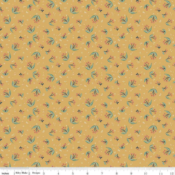 Image of Ivy Reese Berry Branches Golden quilting cotton fabric by Deena Rutter for Riley Blake Designs. Features berries on a yellow background. Cute Little Fabric Shop