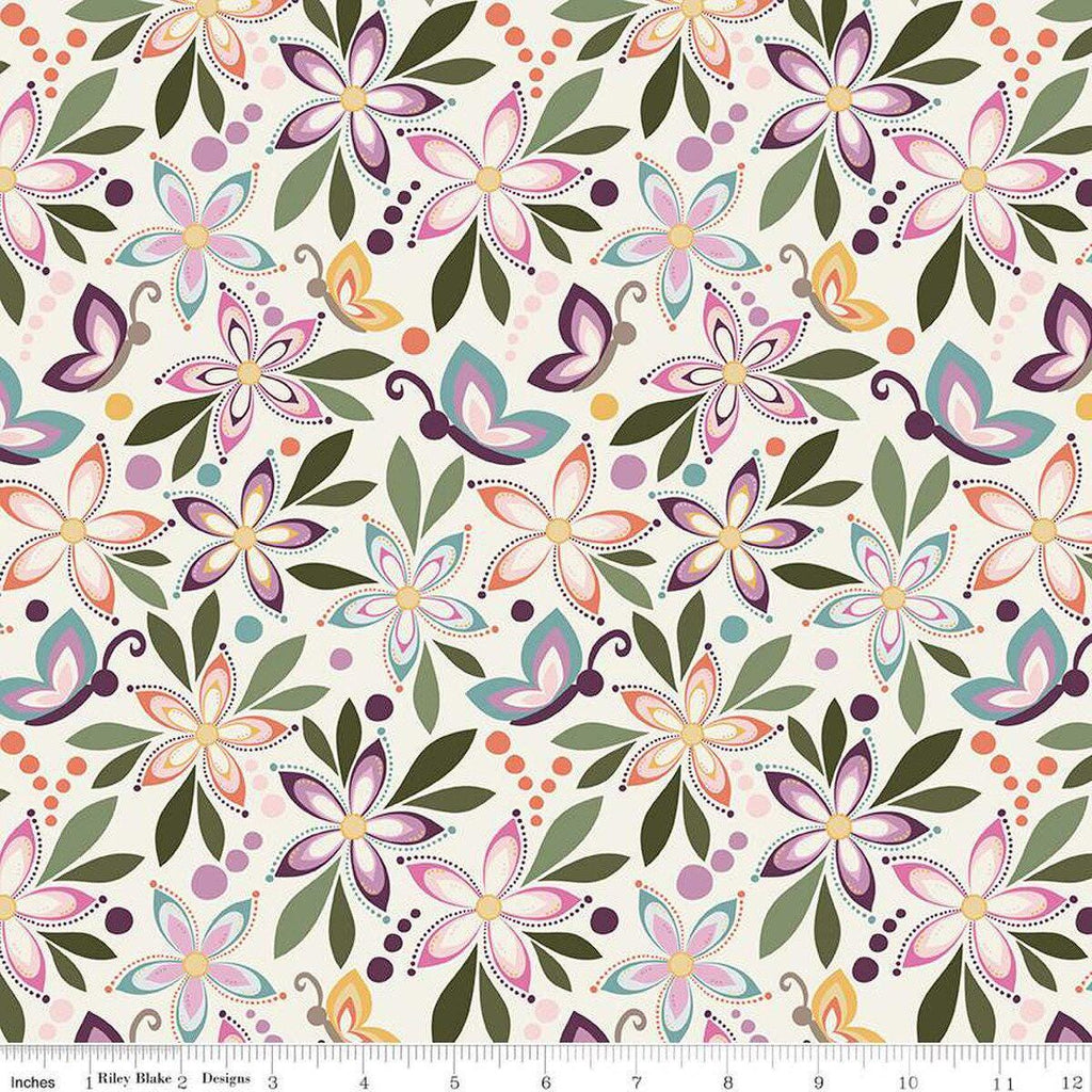 Image of Juju's Petals Main Cream quilting cotton fabric by Judi Madsen for Riley Blake Designs. Features flowers on an off-white background. Cute Little Fabric Shop