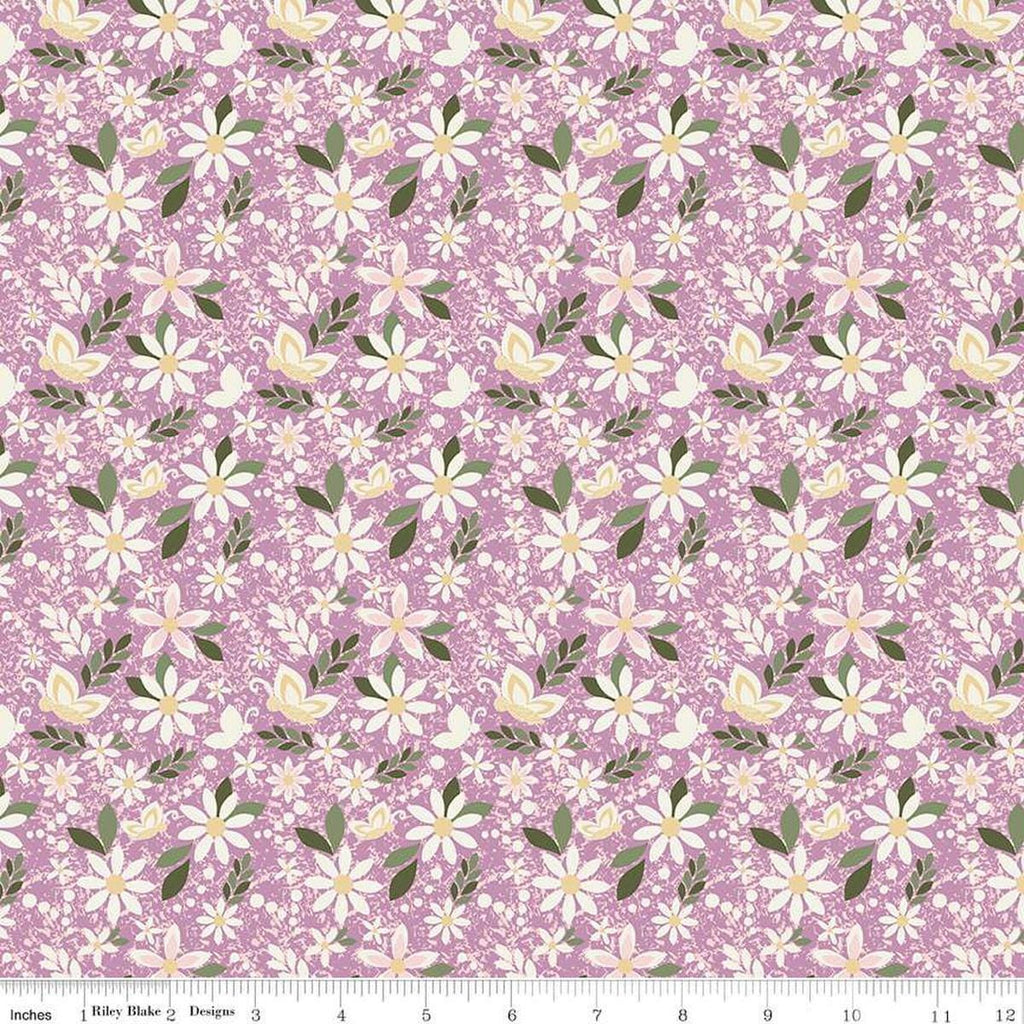 Image of Juju's Petals Dance Lilac quilting cotton fabric by Judi Madsen for Riley Blake Designs. Features flowers on a purple background. Cute Little Fabric Shop