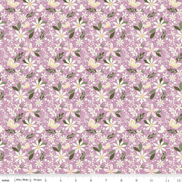 Image of Juju's Petals Dance Lilac quilting cotton fabric by Judi Madsen for Riley Blake Designs. Features flowers on a purple background. Cute Little Fabric Shop