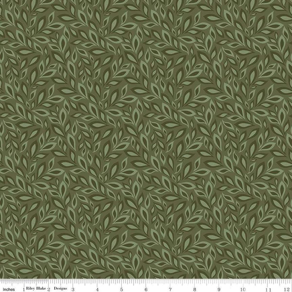 Image of Juju's Petals Leaves Green quilting cotton fabric by Judi Madsen for Riley Blake Designs. Features leaves on a green background. Cute Little Fabric Shop