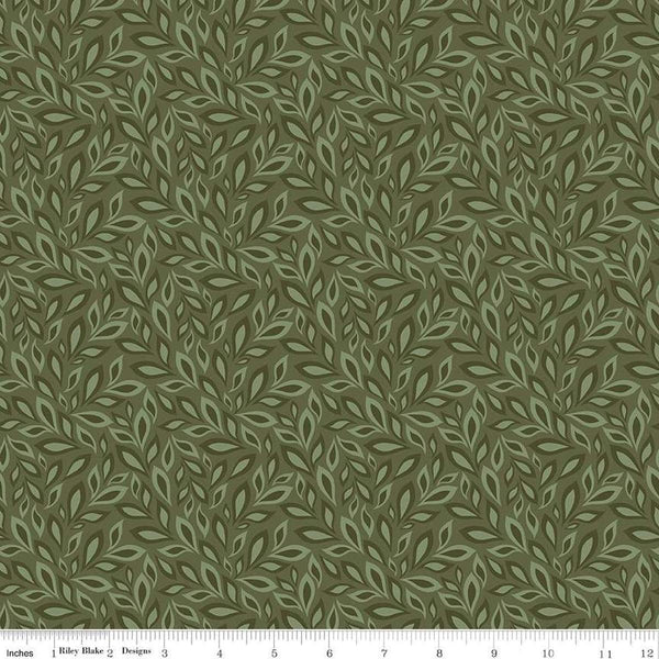 Image of Juju's Petals Leaves Green quilting cotton fabric by Judi Madsen for Riley Blake Designs. Features leaves on a green background. Cute Little Fabric Shop