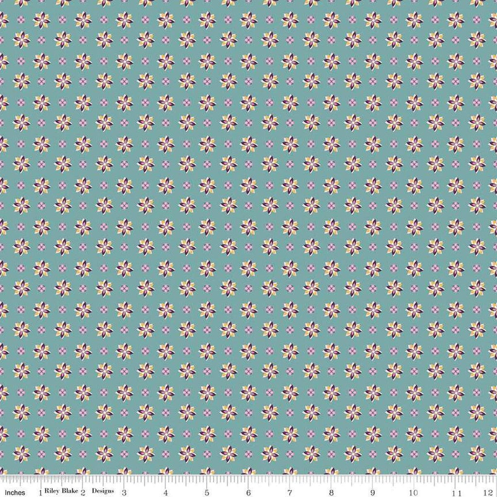 Image of Juju's Petals Calico Teal quilting cotton fabric by Judi Madsen for Riley Blake Designs. Features flowers on a blue background. Cute Little Fabric Shop
