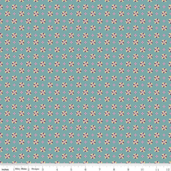 Image of Juju's Petals Calico Teal quilting cotton fabric by Judi Madsen for Riley Blake Designs. Features flowers on a blue background. Cute Little Fabric Shop