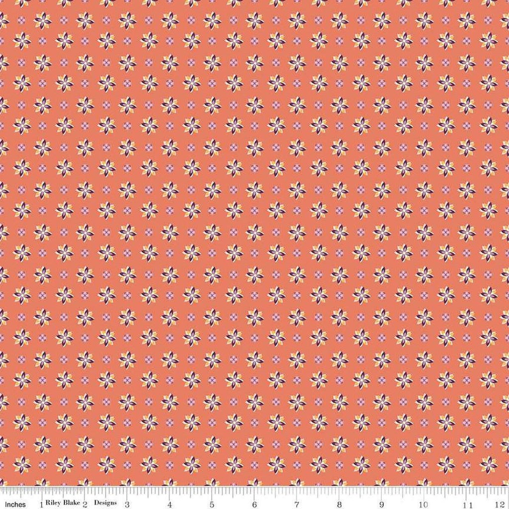 Image of Juju's Petals Calico Orange quilting cotton fabric by Judi Madsen for Riley Blake Designs. Features flowers on an orange background. Cute Little Fabric Shop