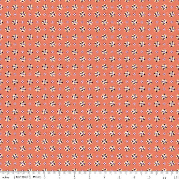 Image of Juju's Petals Calico Orange quilting cotton fabric by Judi Madsen for Riley Blake Designs. Features flowers on an orange background. Cute Little Fabric Shop
