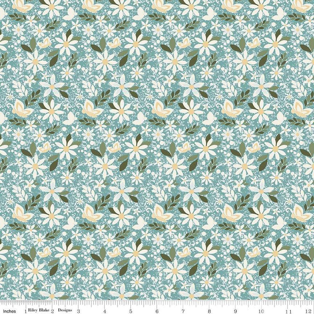 Image of Juju's Petals Dance Teal quilting cotton fabric by Judi Madsen for Riley Blake Designs. Features flowers on a blue background. Cute Little Fabric Shop