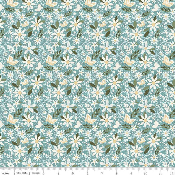 Image of Juju's Petals Dance Teal quilting cotton fabric by Judi Madsen for Riley Blake Designs. Features flowers on a blue background. Cute Little Fabric Shop