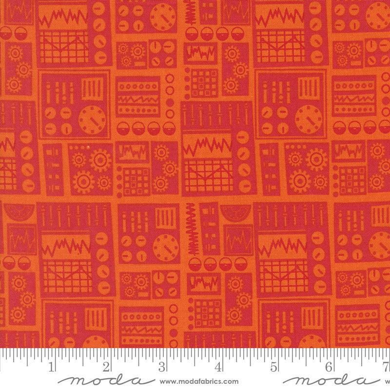 Image of the 321 Blast Off Dashboard Mars quilting cotton fabric by Moda Fabrics. Features vintage radios on a red background. Cute Little Fabric Shop