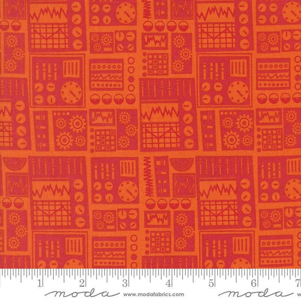 Image of the 321 Blast Off Dashboard Mars quilting cotton fabric by Moda Fabrics. Features vintage radios on a red background. Cute Little Fabric Shop
