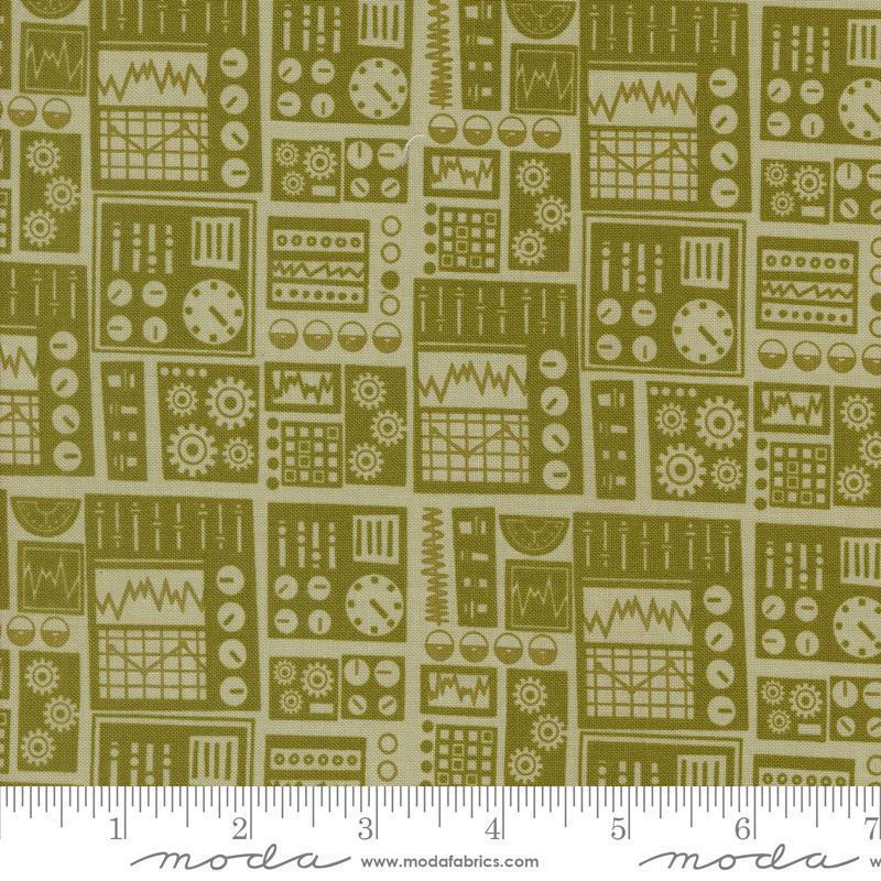 Image of the 321 Blast Off Dashboard Earth quilting cotton fabric by Moda Fabrics. Features vintage radios on a green background. Cute Little Fabric Shop