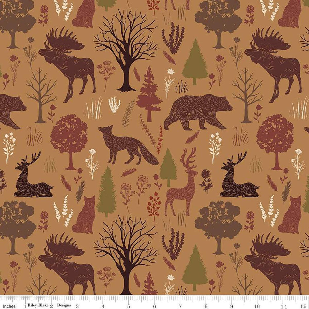 Image of Flannel Into the Woods Animals Tan flannel cotton fabric by Diane Labombarbe for Riley Blake Designs. Features wildlife on a brown background. Cute Little Fabric Shop