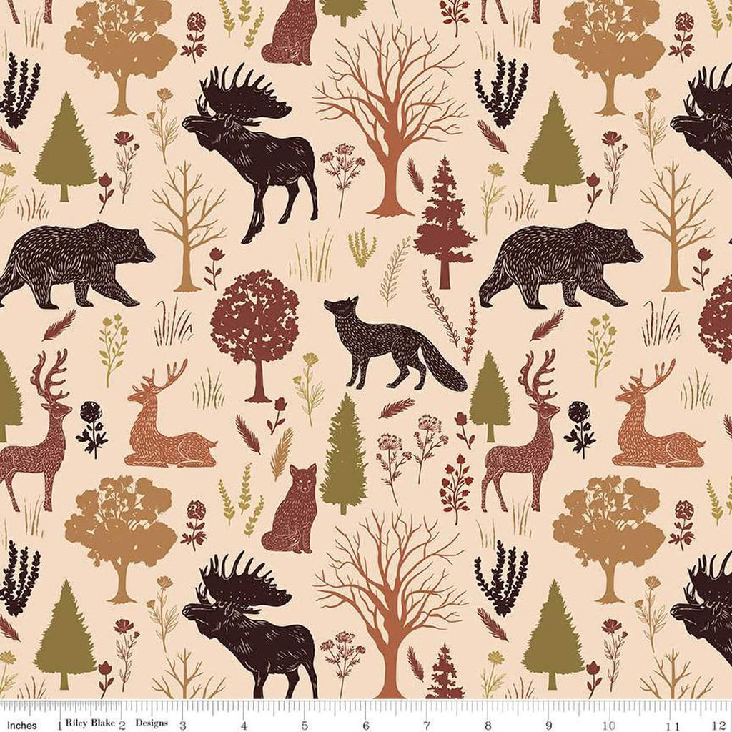 Image of Flannel Into the Woods Animals Cream flannel cotton fabric by Diane Labombarbe for Riley Blake Designs. Features wildlife on a cream background. Cute Little Fabric Shop