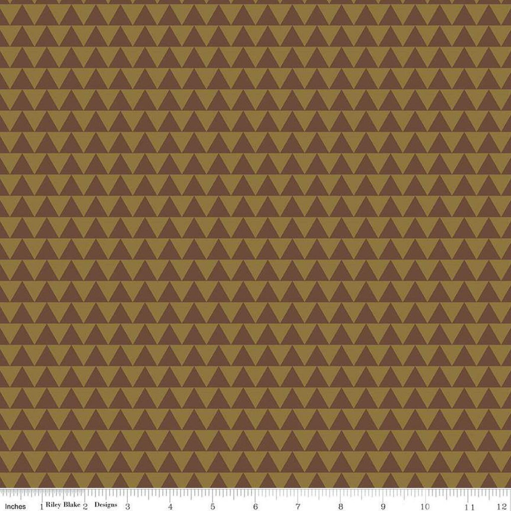 Image of Flannel Into the Woods Triangles Brown flannel cotton fabric by Diane Labombarbe for Riley Blake Designs. Features triangles on a brown background. Cute Little Fabric Shop