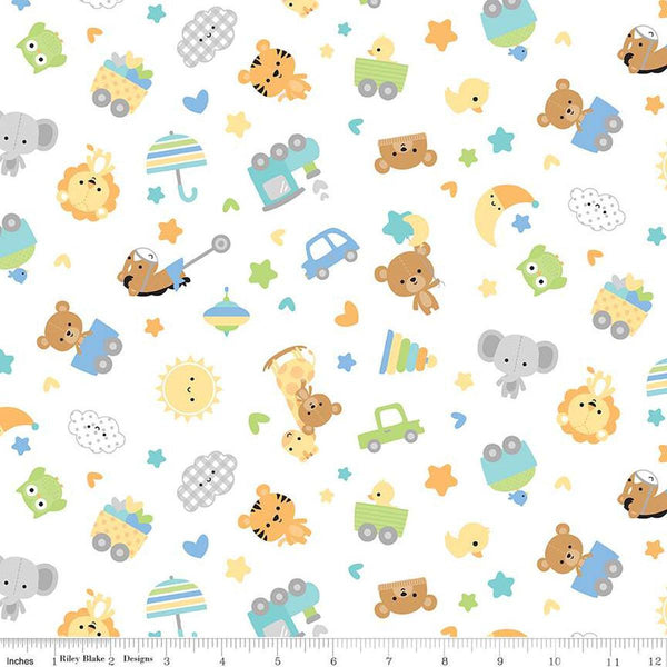 Image of Flannel Special Delivery Toss White flannel cotton fabric by Doodlebug Design Inc. for Riley Blake Designs. Features toys on a white background. Cute Little Fabric Shop