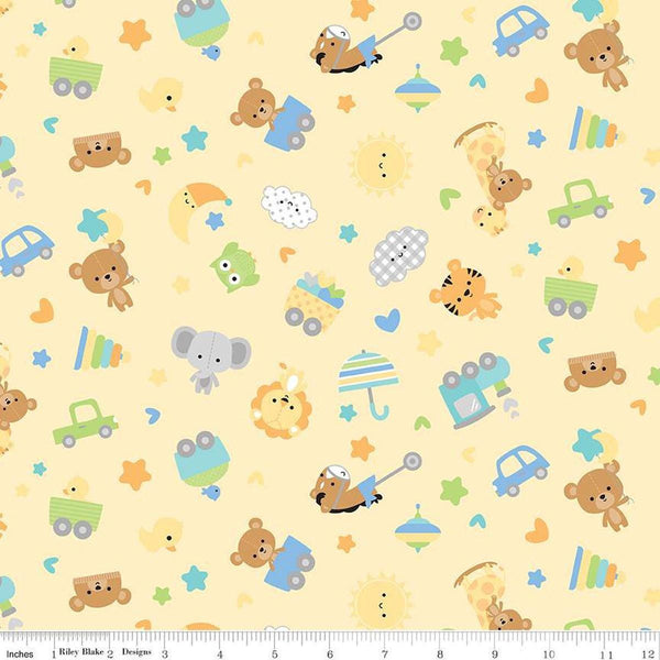 Image of Flannel Special Delivery Toss Yellow flannel cotton fabric by Doodlebug Design Inc. for Riley Blake Designs. Features toys on a yellow background. Cute Little Fabric Shop