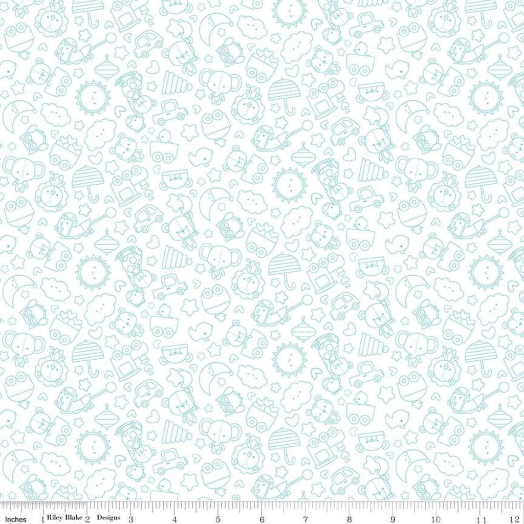 Image of Flannel Special Delivery Tonal White flannel cotton fabric by Doodlebug Design Inc. for Riley Blake Designs. Features toys on a white background. Cute Little Fabric Shop