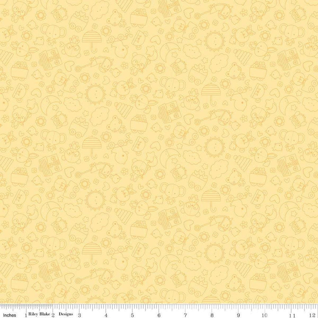 Image of Flannel Bundle of Joy Tonal Yellow flannel cotton fabric by Doodlebug Design Inc. for Riley Blake Designs. Features toys on a yellow background. Cute Little Fabric Shop