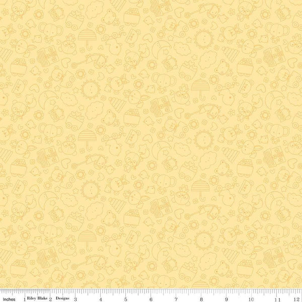Image of Flannel Bundle of Joy Tonal Yellow flannel cotton fabric by Doodlebug Design Inc. for Riley Blake Designs. Features toys on a yellow background. Cute Little Fabric Shop
