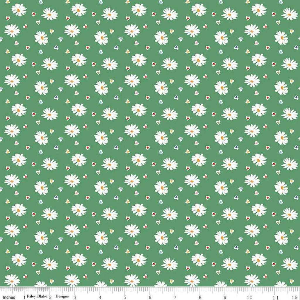 Image of the Simple Pleasures Heart Daisies Green quilting cotton fabric by American Jane Riley Blake Designs. Features flowers on a green background. Cute Little Fabric Shop