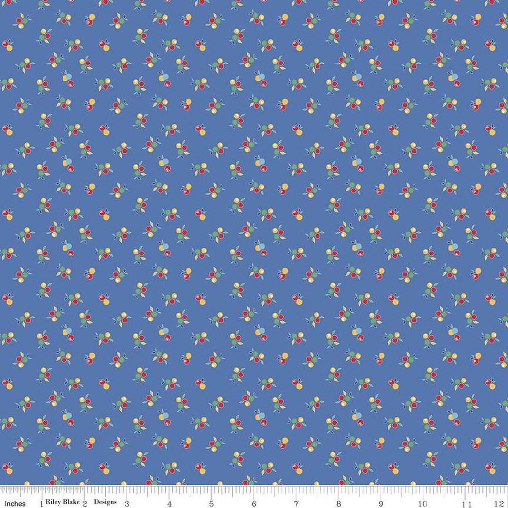 Image of the Simple Pleasures Kitchen Flowers Blue quilting cotton fabric by American Jane Riley Blake Designs. Features flowers on a blue background. Cute Little Fabric Shop