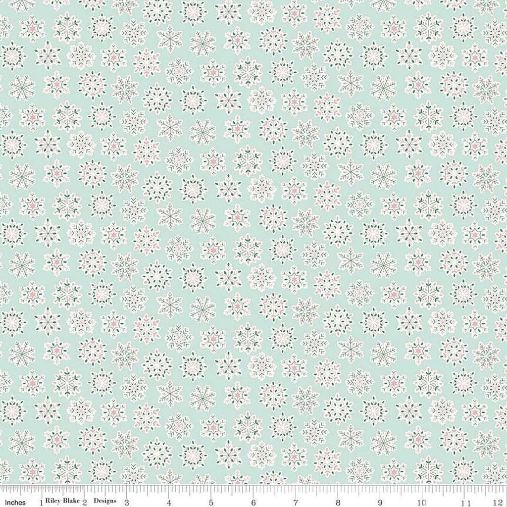 Image of Festive Greetings Snow Season quilting cotton fabric by Liberty Fabrics for Riley Blake Designs. Features snowflakes on a blue background. Cute Little Fabric Shop