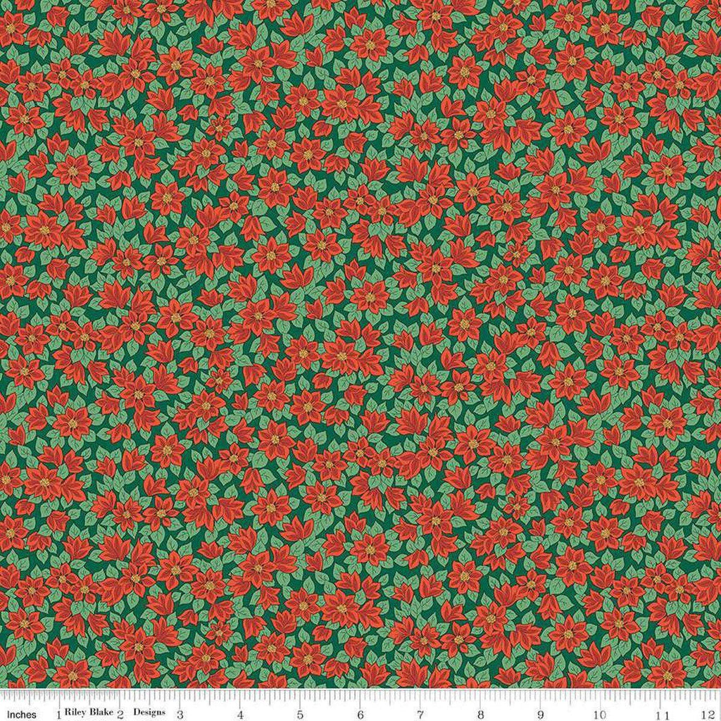 Image of Festive Greetings Peaceful Poinsettias quilting cotton fabric by Liberty Fabrics for Riley Blake Designs. Features flowers on a green background. Cute Little Fabric Shop