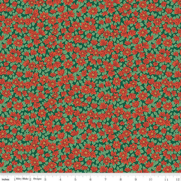 Image of Festive Greetings Peaceful Poinsettias quilting cotton fabric by Liberty Fabrics for Riley Blake Designs. Features flowers on a green background. Cute Little Fabric Shop