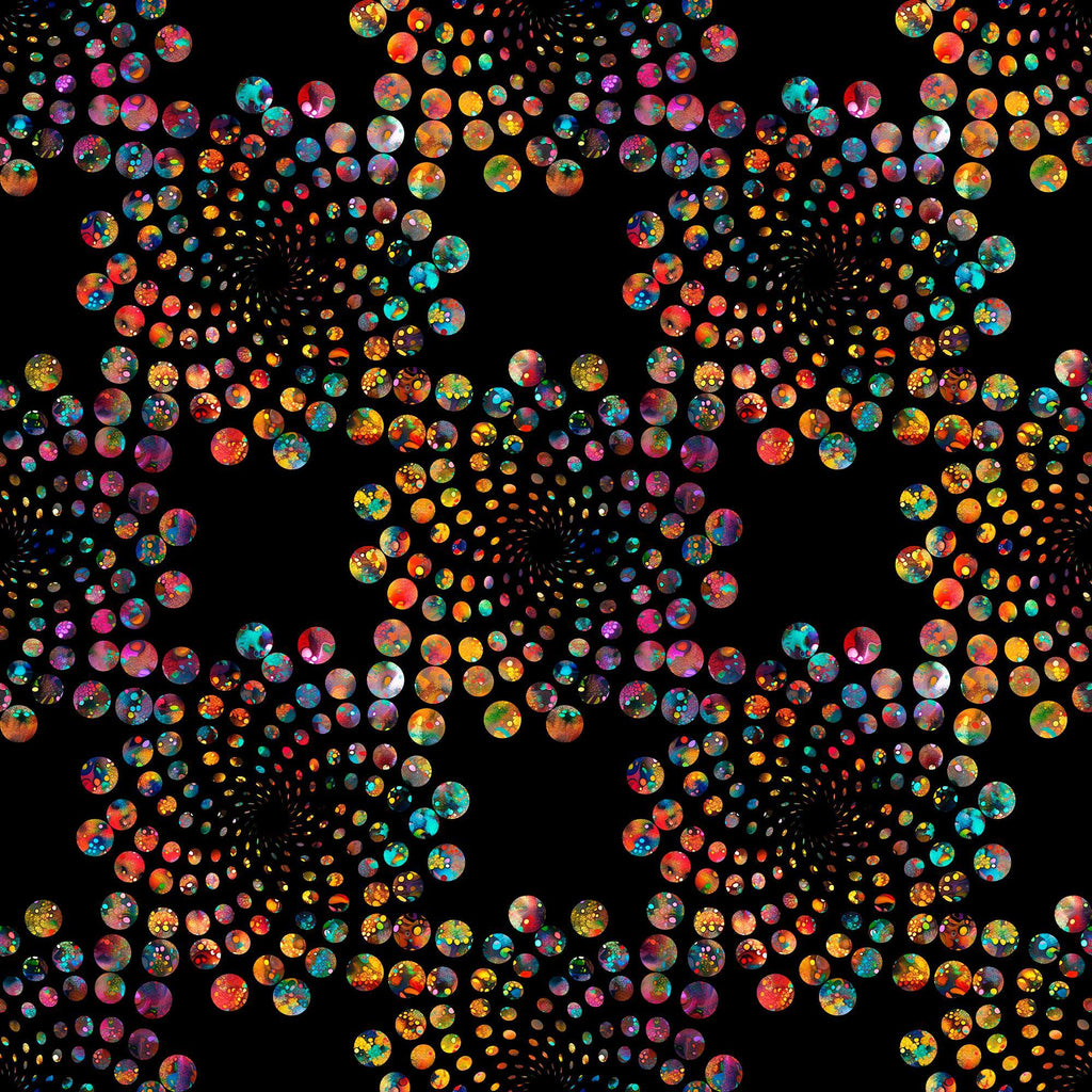 Image of Bedazzled Flares Black quilting cotton fabric by Morris Creative Group for QT Fabrics. Features dots on a black background. Cute Little Fabric Shop