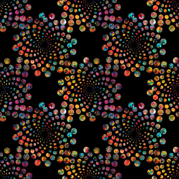 Image of Bedazzled Flares Black quilting cotton fabric by Morris Creative Group for QT Fabrics. Features dots on a black background. Cute Little Fabric Shop
