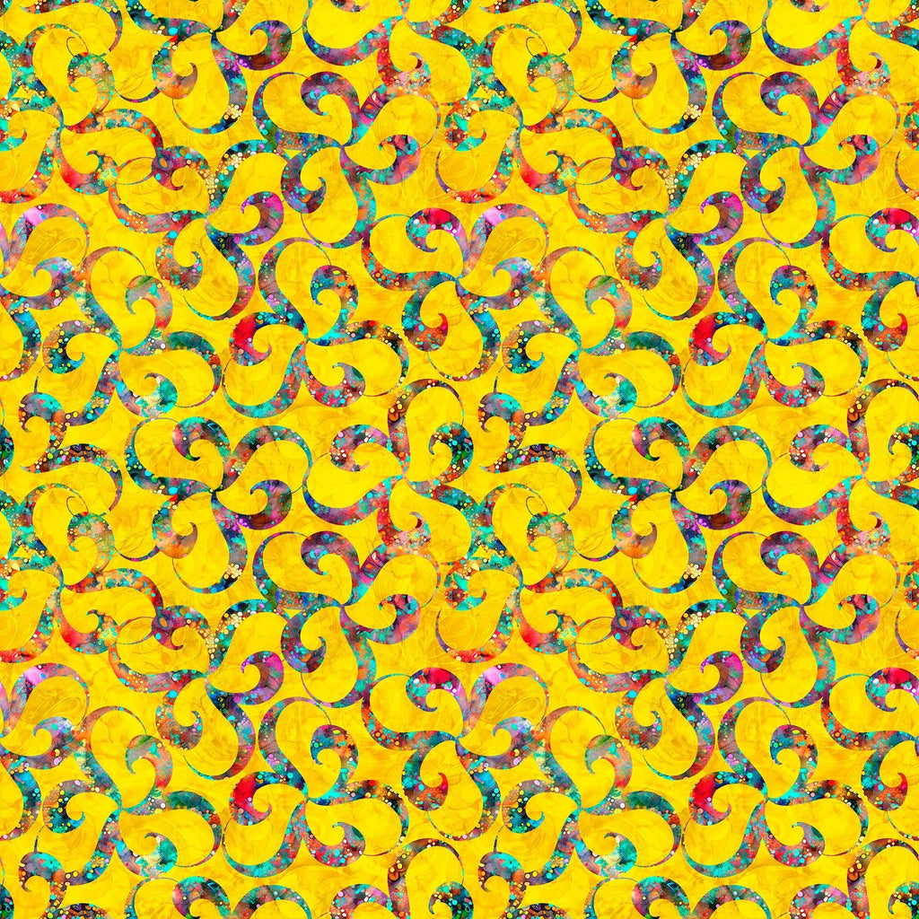 Image of Bedazzled Twists Yellow quilting cotton fabric by Morris Creative Group for QT Fabrics. Features swirls on a yellow background. Cute Little Fabric Shop