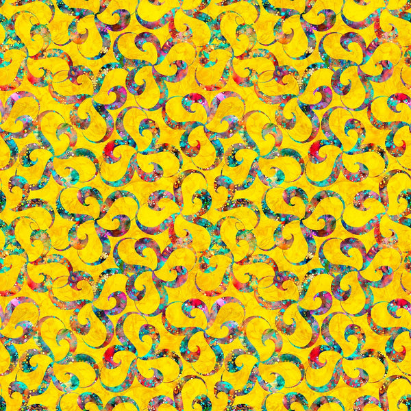 Image of Bedazzled Twists Yellow quilting cotton fabric by Morris Creative Group for QT Fabrics. Features swirls on a yellow background. Cute Little Fabric Shop