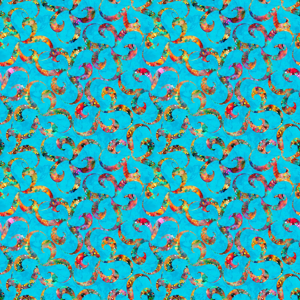Image of Bedazzled Twists Turquoise quilting cotton fabric by Morris Creative Group for QT Fabrics. Features swirls on a blue background. Cute Little Fabric Shop