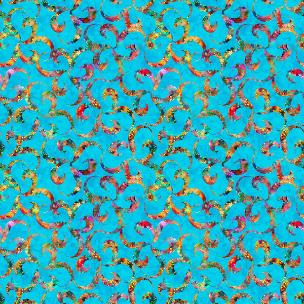 Image of Bedazzled Twists Turquoise quilting cotton fabric by Morris Creative Group for QT Fabrics. Features swirls on a blue background. Cute Little Fabric Shop