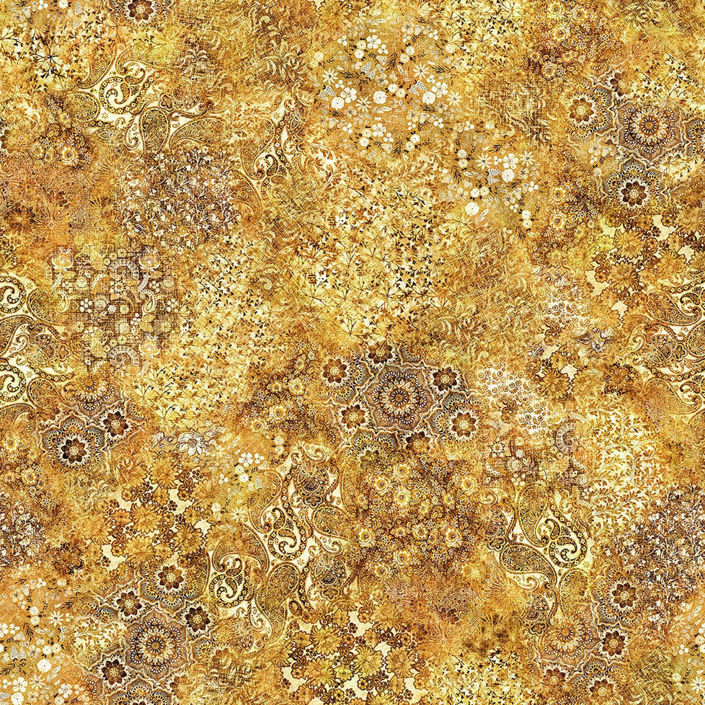 Image of Roar of the Pride Blender Gold quilting cotton fabric by Morris Creative Group for QT Fabrics. Features abstract on a gold background. Cute Little Fabric Shop