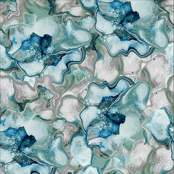 Image of the Virtuoso Fluid Floral Turquoise quilting cotton fabric by Ocllo Mason for QT Fabrics. Features swirled blue, green, and gray paint. Cute Little Fabric Shop