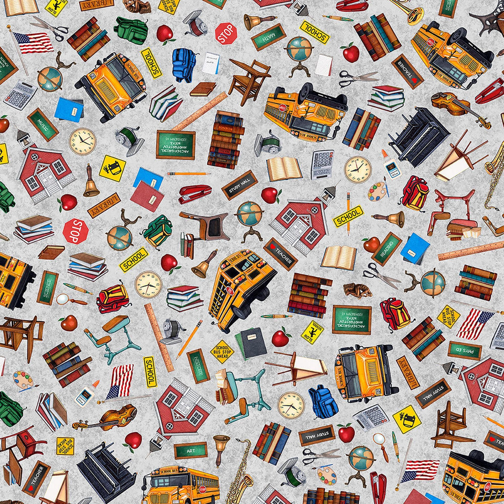 Image of Grab Bag Season 3 Everything School Gray quilting cotton fabric by Morris Creative Group for QT Fabrics. Features school supplies on a gray background. Cute Little Fabric Shop