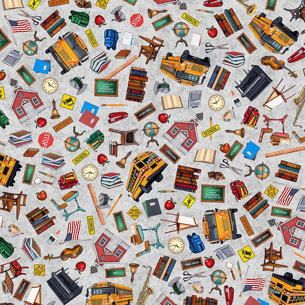 Image of Grab Bag Season 3 Everything School Gray quilting cotton fabric by Morris Creative Group for QT Fabrics. Features school supplies on a gray background. Cute Little Fabric Shop