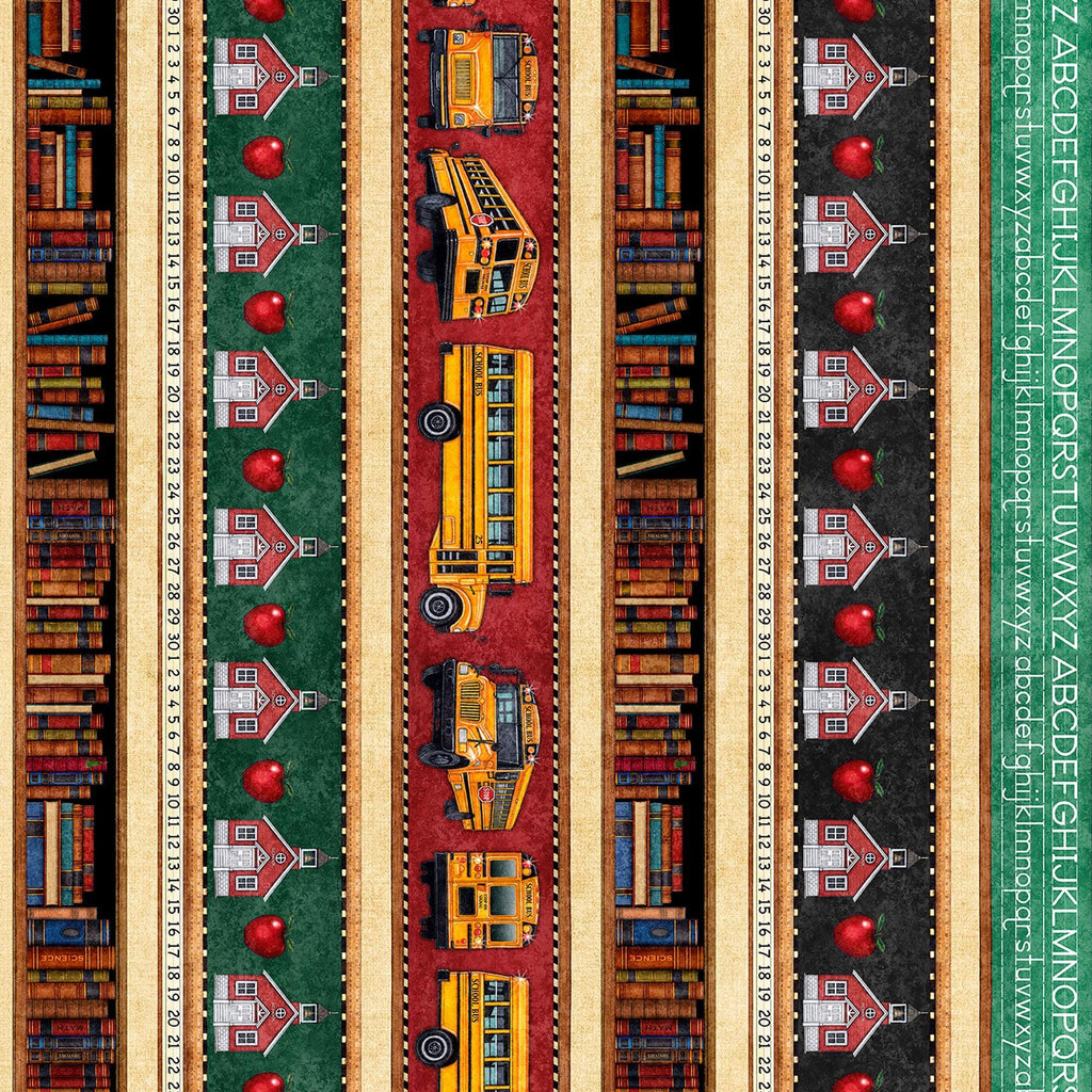 Image of Grab Bag Season 3 School Stripe Multi quilting cotton fabric by Morris Creative Group for QT Fabrics. Features schools on a black background. Cute Little Fabric Shop
