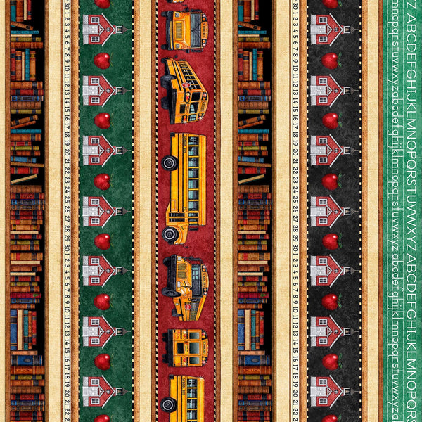 Image of Grab Bag Season 3 School Stripe Multi quilting cotton fabric by Morris Creative Group for QT Fabrics. Features schools on a black background. Cute Little Fabric Shop