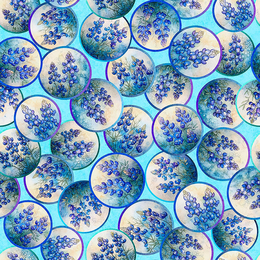 Image of Grab Bag Season 3 Bluebonnets Vignettes Blue quilting cotton fabric by Morris Creative Group for QT Fabrics. Features flowers on a blue background. Cute Little Fabric Shop