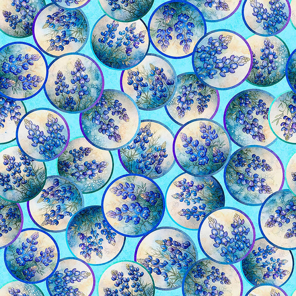 Image of Grab Bag Season 3 Bluebonnets Vignettes Blue quilting cotton fabric by Morris Creative Group for QT Fabrics. Features flowers on a blue background. Cute Little Fabric Shop