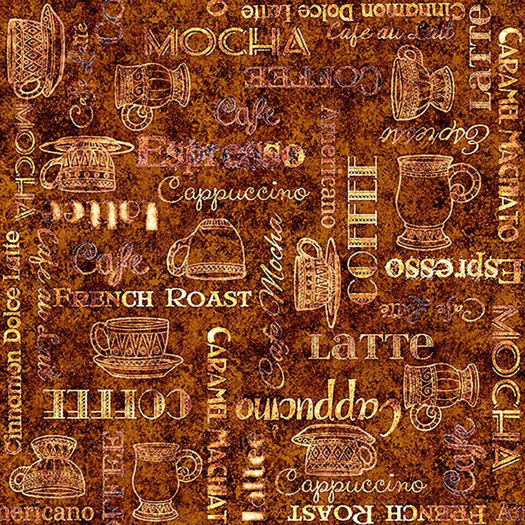 Image of Grab Bag Season 3 Coffee Text Brown quilting cotton fabric by Morris Creative Group for QT Fabrics. Features text on a brown background. Cute Little Fabric Shop