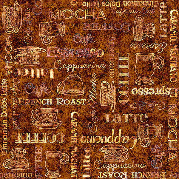 Image of Grab Bag Season 3 Coffee Text Brown quilting cotton fabric by Morris Creative Group for QT Fabrics. Features text on a brown background. Cute Little Fabric Shop