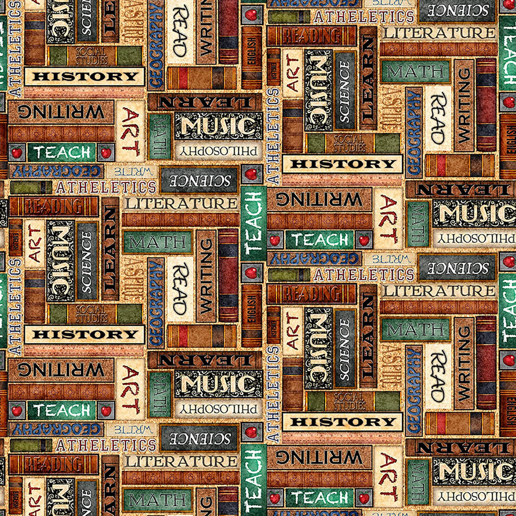 Image of Grab Bag Season 3 School Books Multi quilting cotton fabric by Morris Creative Group for QT Fabrics. Features books on a brown background. Cute Little Fabric Shop