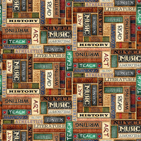 Image of Grab Bag Season 3 School Books Multi quilting cotton fabric by Morris Creative Group for QT Fabrics. Features books on a brown background. Cute Little Fabric Shop