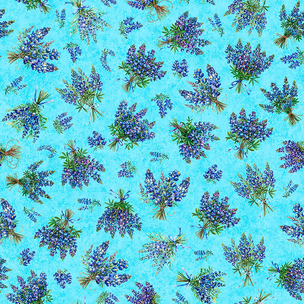 Image of Grab Bag Season 3 Bluebonnets Bouquet Blue quilting cotton fabric by Morris Creative Group for QT Fabrics. Features flowers on a blue background. Cute Little Fabric Shop