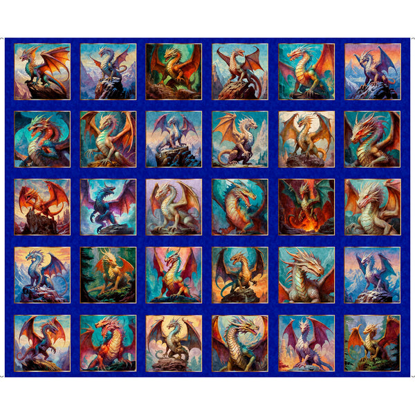 Dragon's Song Dragon Blocks 31150 Royal Y Panel - by QT Fabrics - Fantasy Medieval Fairytale - Quilting Cotton Fabric