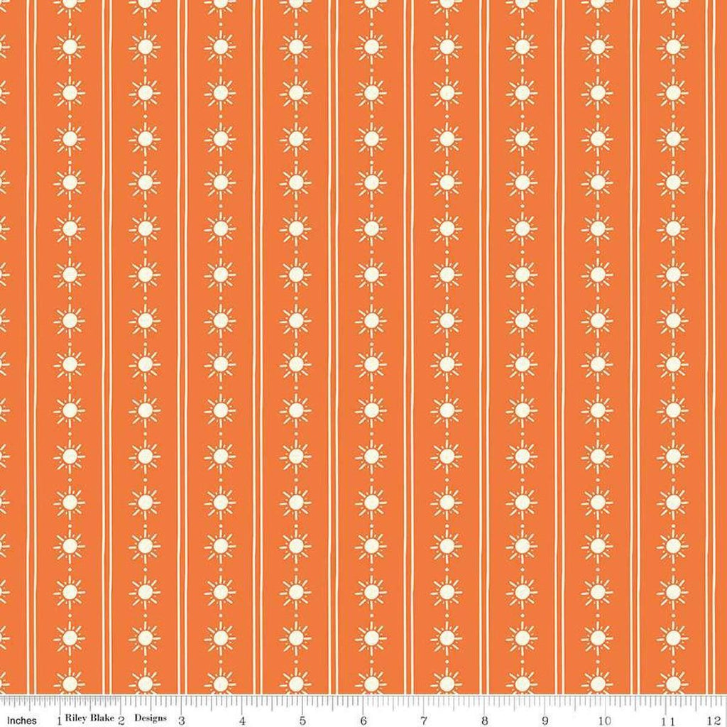 Image of the Two by Two Happy Rays Orange quilting cotton fabric by Cayla Naylor for Riley Blake Designs. Features suns on a orange background. Cute Little Fabric Shop